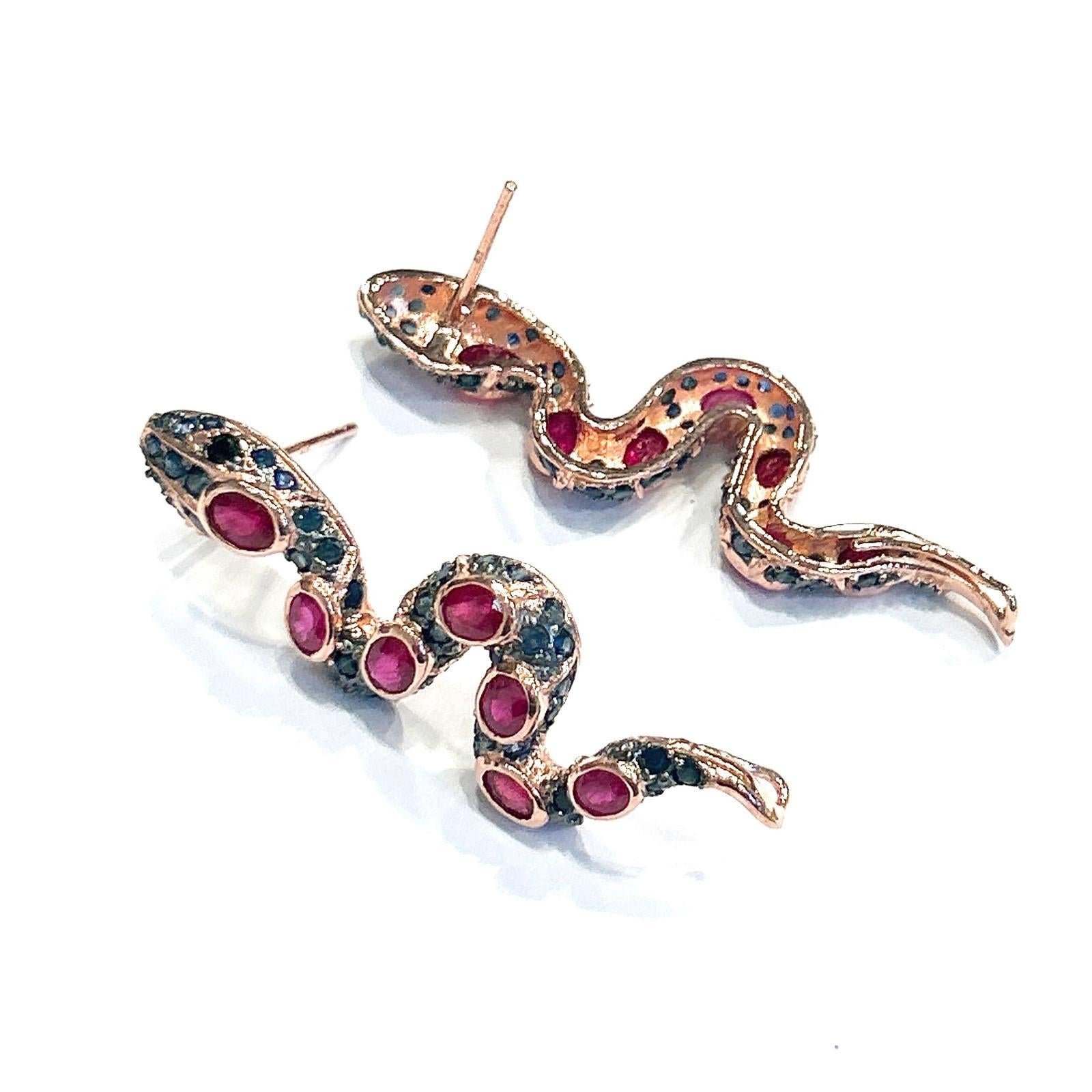 Baroque Bochic “Orient” Ruby & Multi Sapphire Serpent Earrings Set In 18K Gold & Silver For Sale