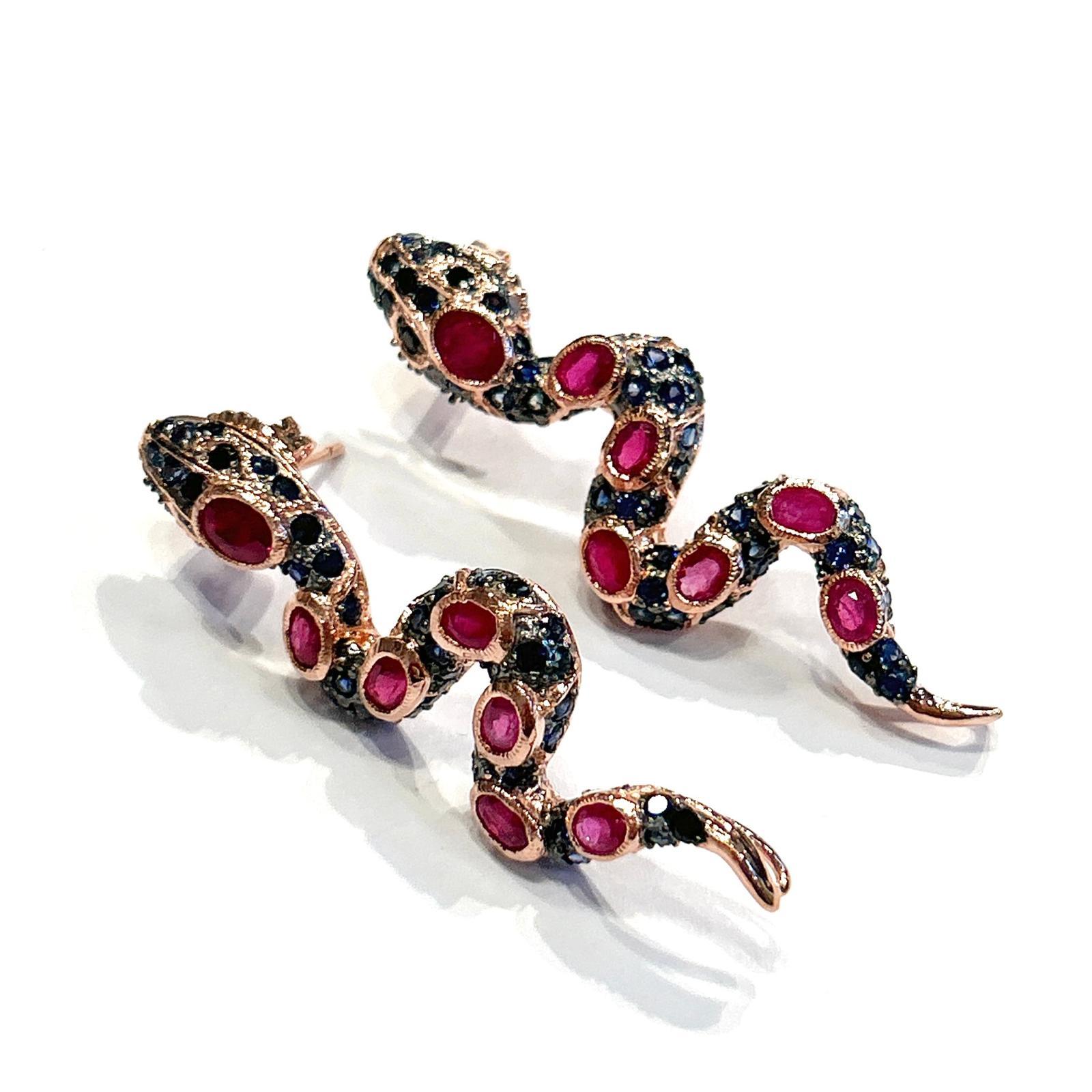 Classical Greek Bochic “Orient” Ruby & Multi Sapphire Serpent Earrings Set In 18K Gold & Silver For Sale