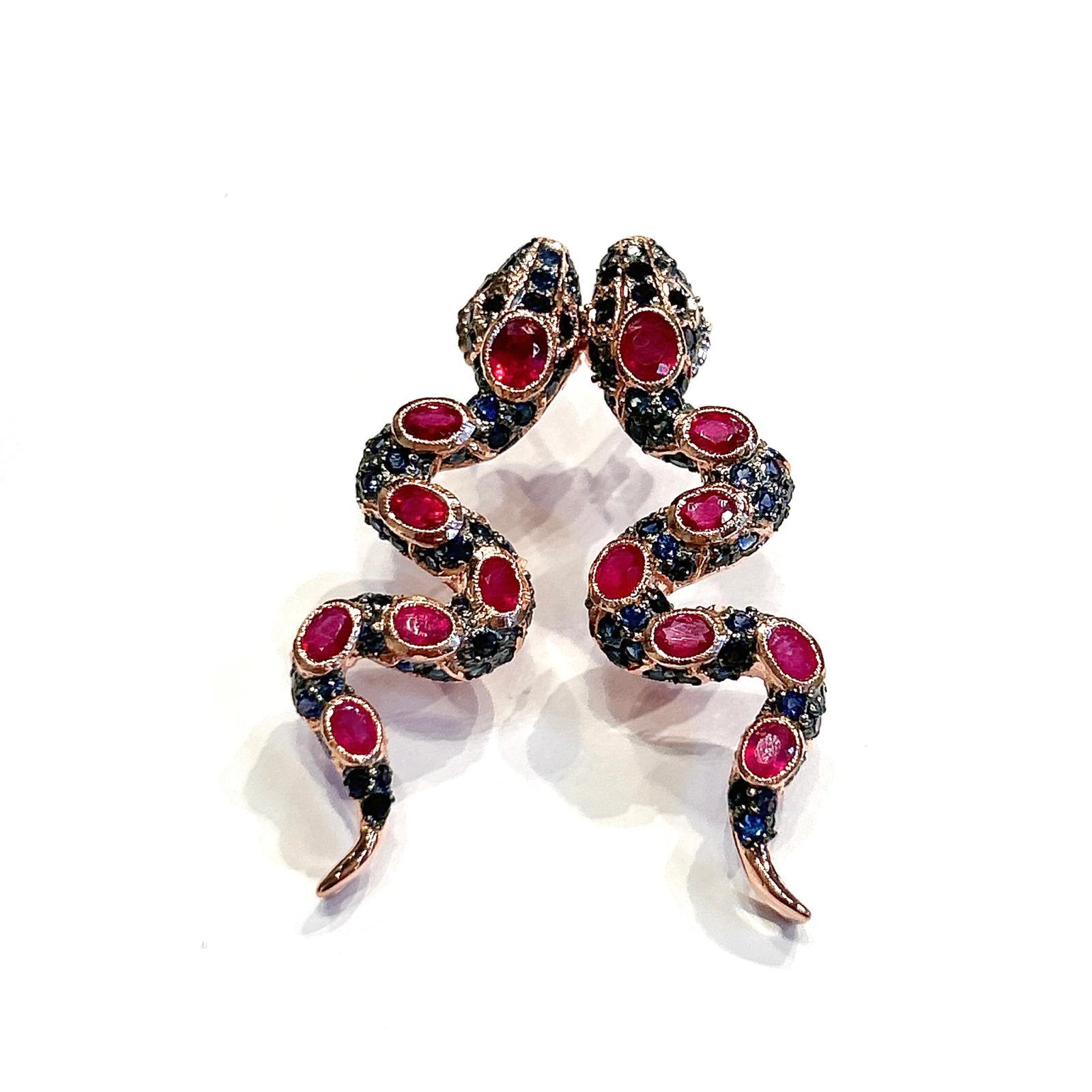 Brilliant Cut Bochic “Orient” Ruby & Multi Sapphire Serpent Earrings Set In 18K Gold & Silver For Sale