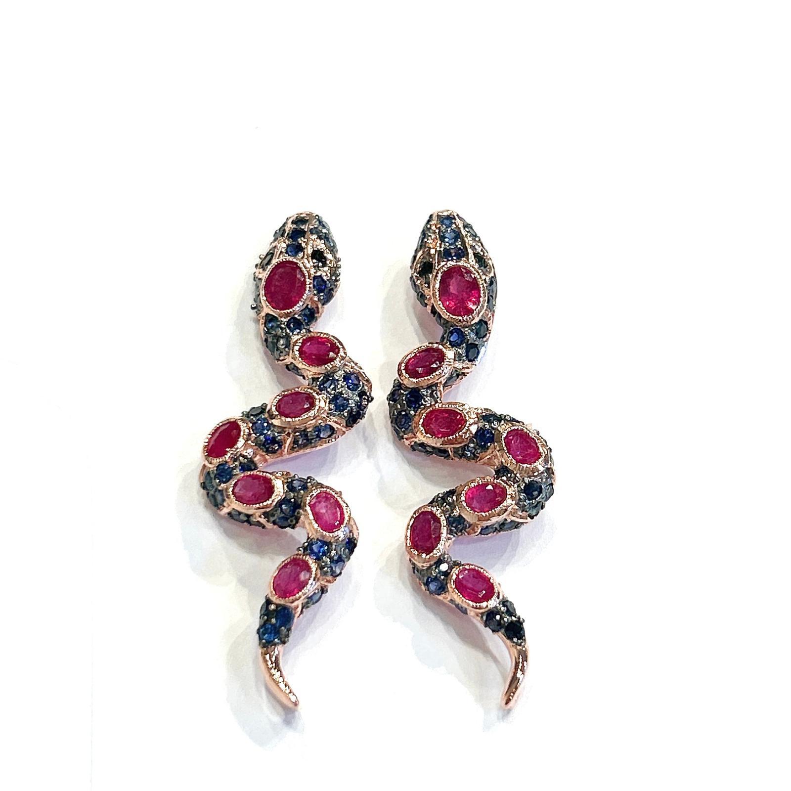 Bochic “Orient” Ruby & Multi Sapphire Serpent Earrings Set In 18K Gold & Silver In New Condition For Sale In New York, NY