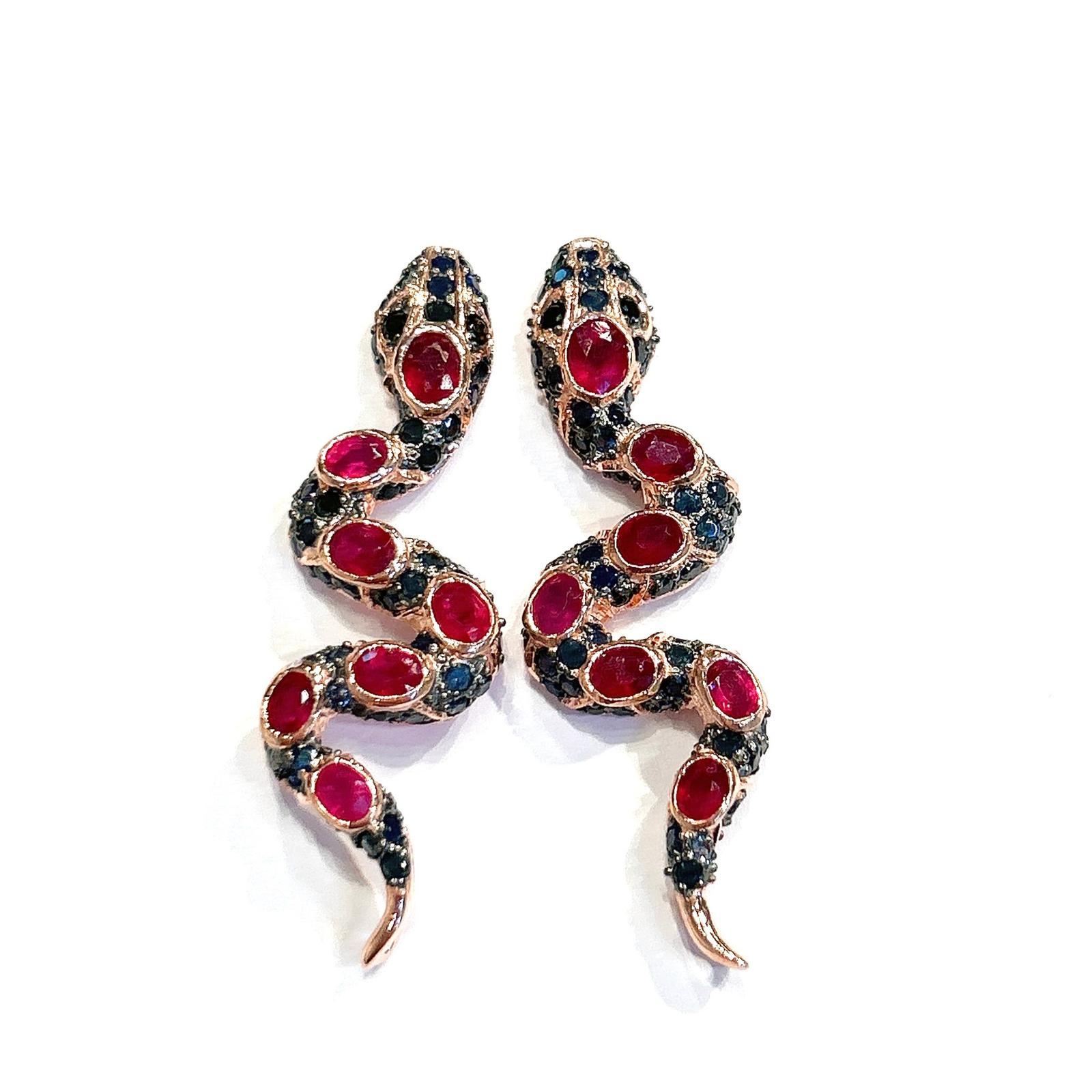 Bochic “Orient” Ruby & Multi Sapphire Serpent Earrings Set In 18K Gold & Silver For Sale 1
