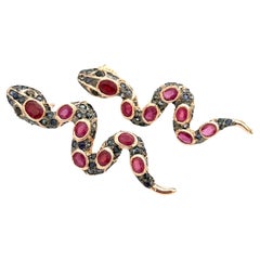 Bochic “Orient” Ruby & Multi Sapphire Serpent Earrings Set In 18K Gold & Silver