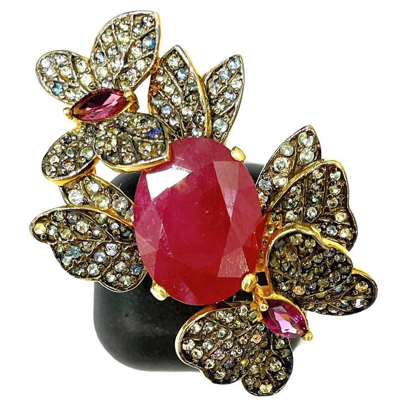 Bochic “Orient” Ruby & Multi Sapphire Vintage Cluster Ring Set 18K & Silver  For Sale