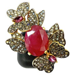 Bochic “Orient” Ruby & Multi Sapphire Vintage Cluster Ring Set 18K & Silver