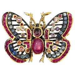 Bochic "Orient" Rubin, Multi Saphire & Wirbelsäule Brosche Set in 18K Gold & Silber