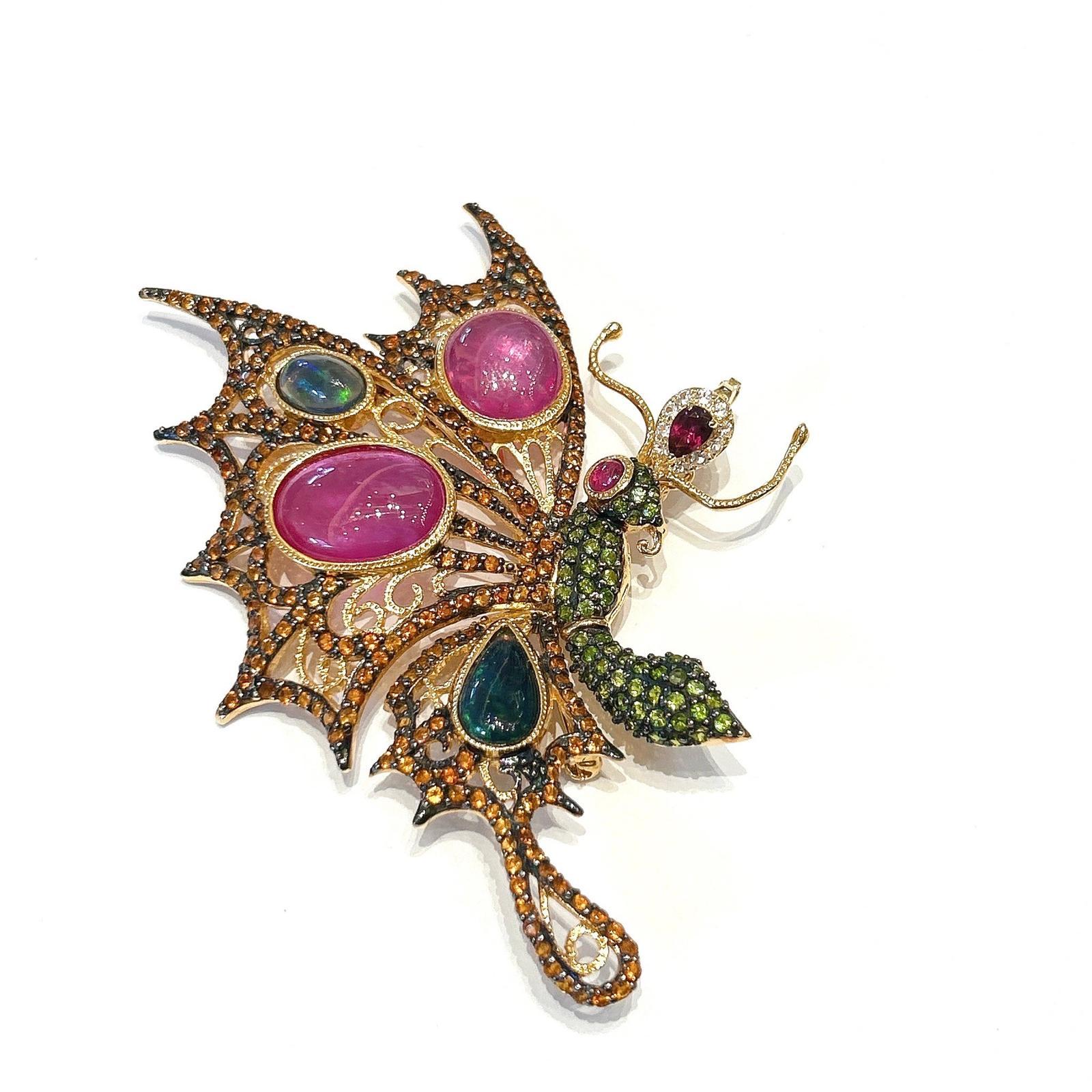 Bochic “Orient” Ruby, Multi Sapphires & Tsavorite Brooch Set 18K Gold & Silver In New Condition For Sale In New York, NY