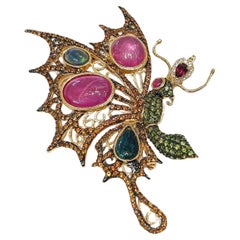 Bochic "Orient" Rubis, saphirs multiples et tsavorite Broche en or 18K et argent