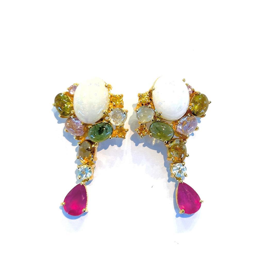 Cabochon Bochic “Orient” Ruby, Opal &b Multi Gem Earrings Set In 18K Gold & Silver  For Sale