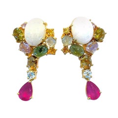 Bochic “Orient” Ruby, Opal &b Multi Gem Earrings Set In 18K Gold & Silver