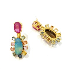 Bochic “Orient” Ruby, Opal & Multi Sapphires Earrings Set In 18K Gold & Silver