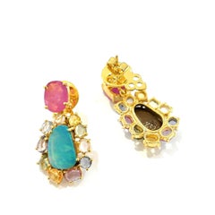 Bochic “Orient” Ruby, Opal & Multi Sapphires Earrings Set In 18K Gold & Silver