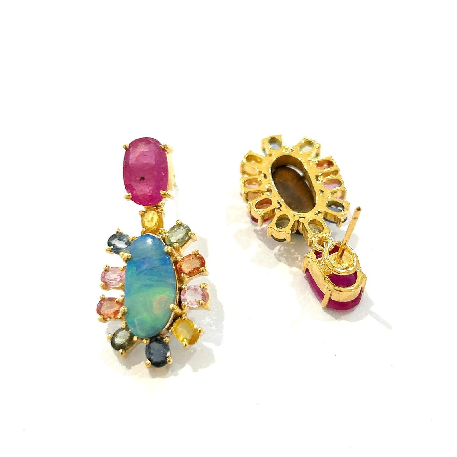 Belle Époque Bochic “Orient” Ruby, Opal & Multi Sapphires Earrings Set In 18K Gold & Silver For Sale