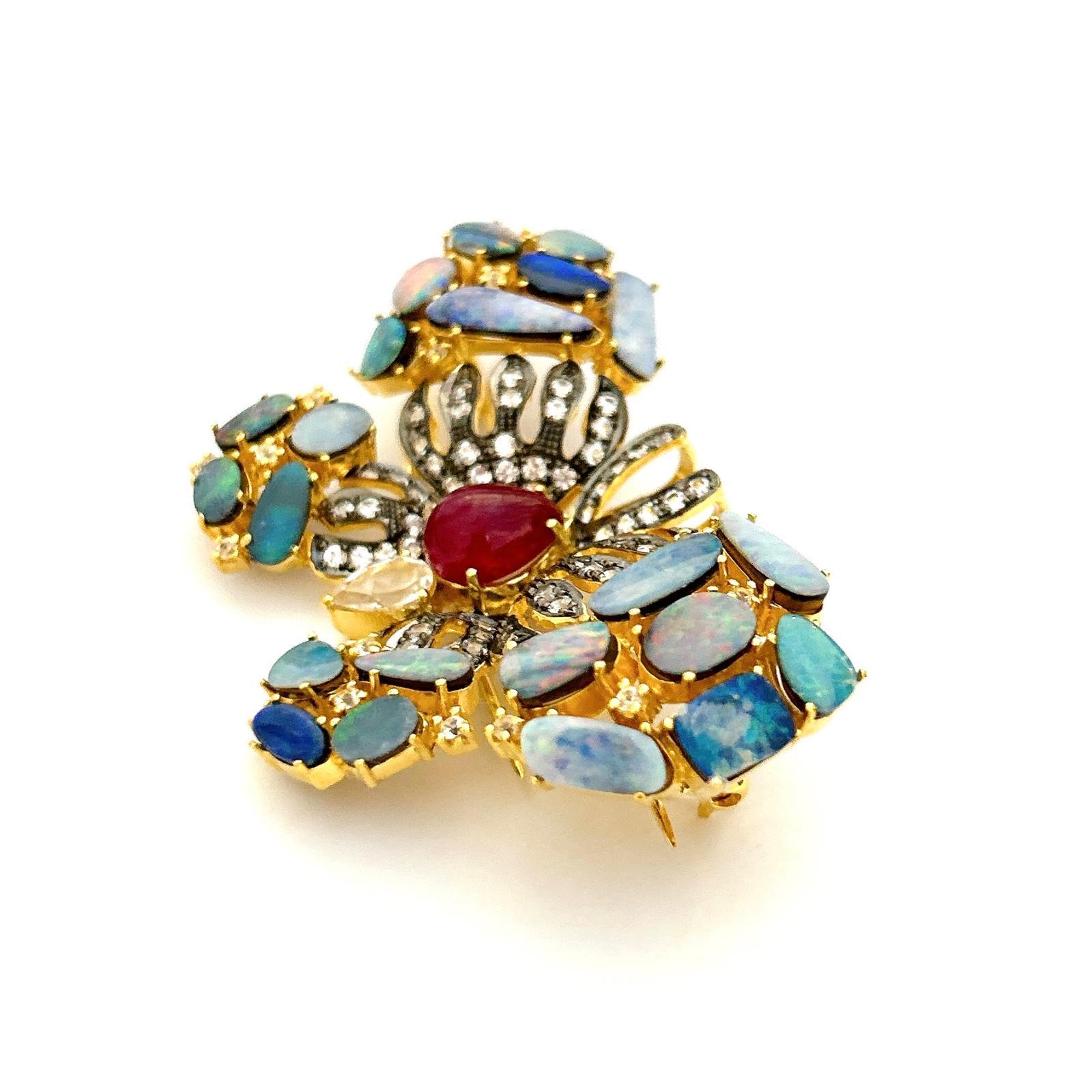 Baroque Bochic “Orient” Ruby, Opal & White Topaz Brooch Set In 18K Gold & Silver For Sale