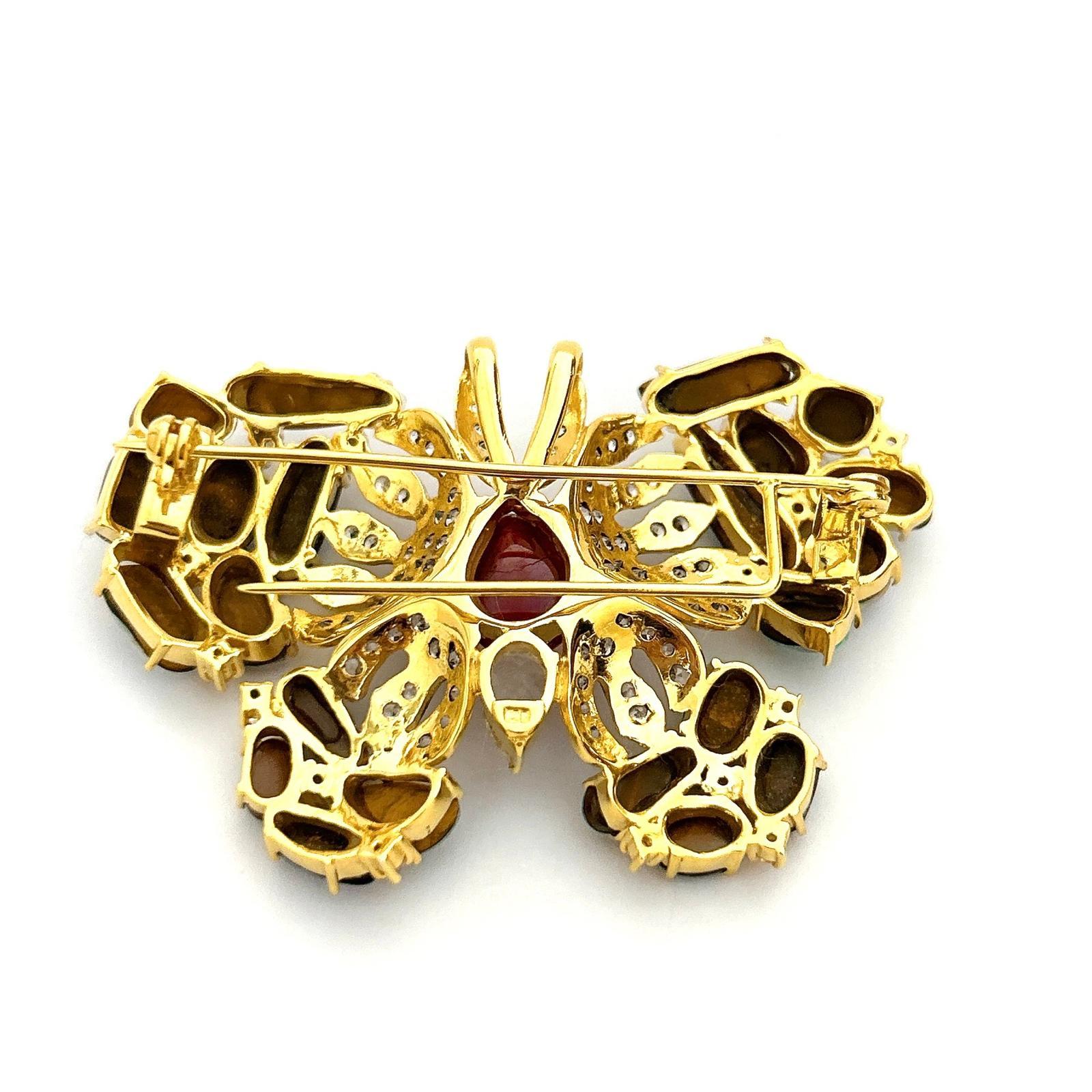 Brilliant Cut Bochic “Orient” Ruby, Opal & White Topaz Brooch Set In 18K Gold & Silver For Sale