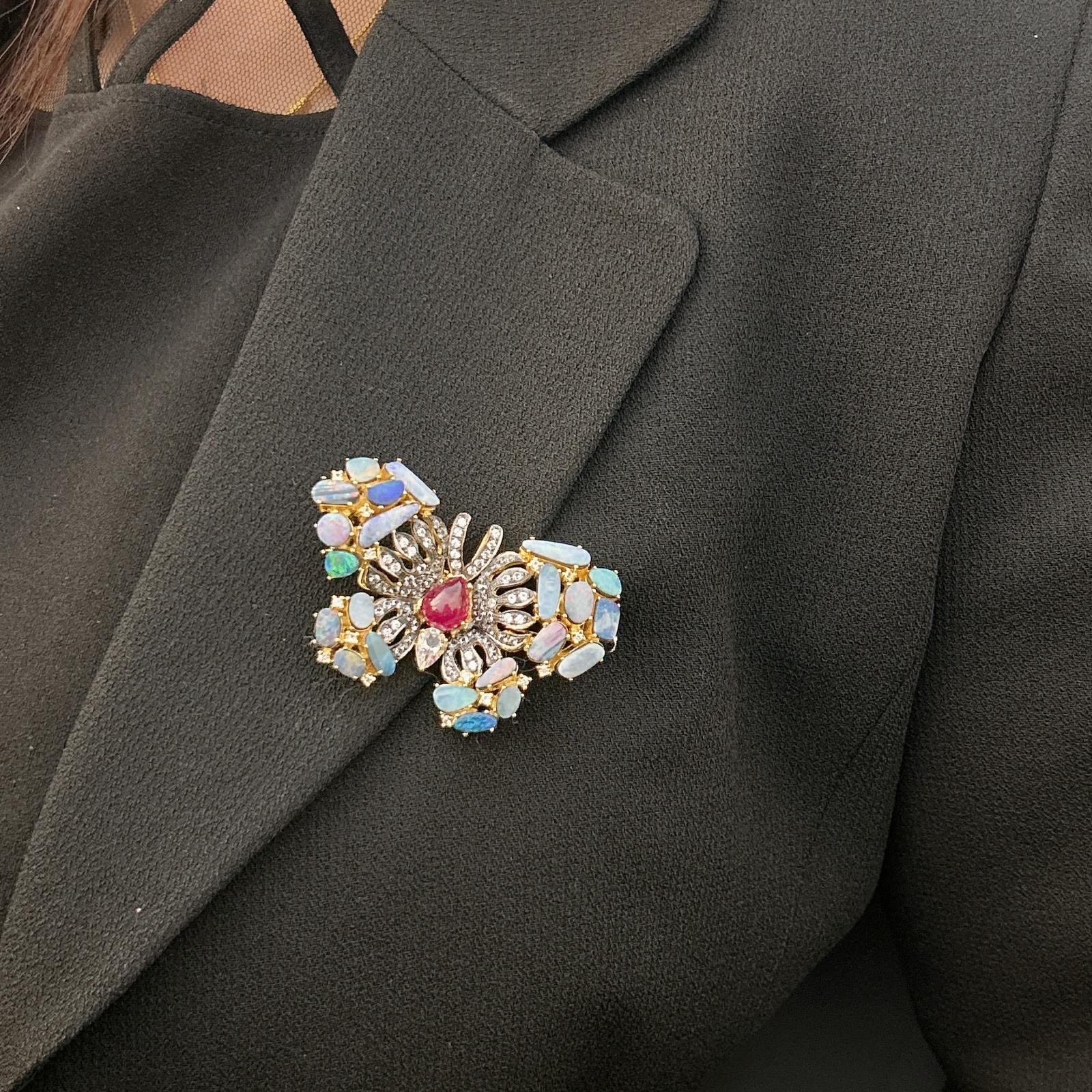 Women's Bochic “Orient” Ruby, Opal & White Topaz Brooch Set In 18K Gold & Silver For Sale