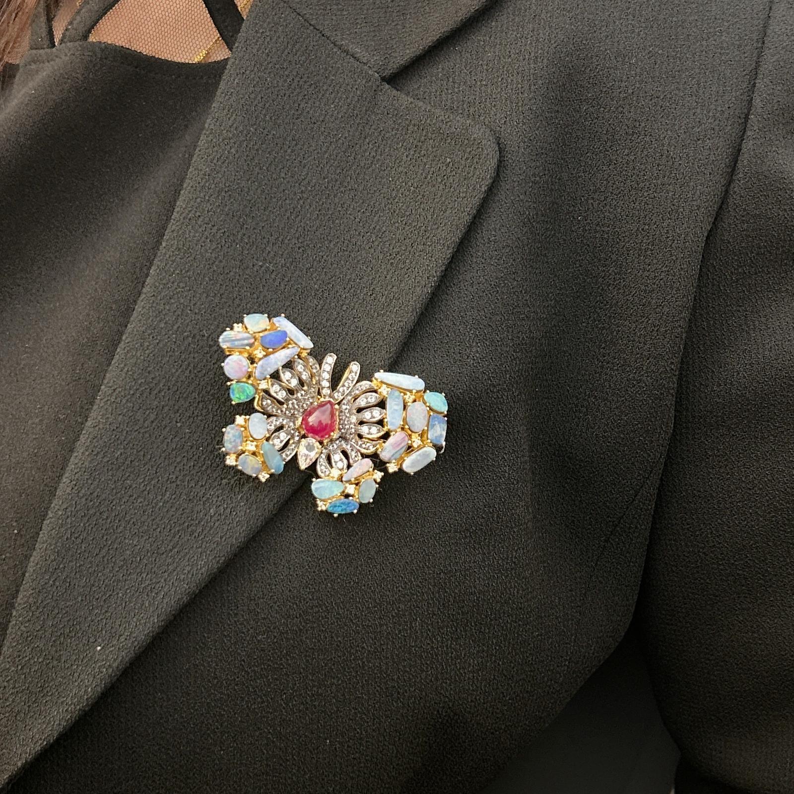 Bochic “Orient” Ruby, Opal & White Topaz Brooch Set In 18K Gold & Silver For Sale 1