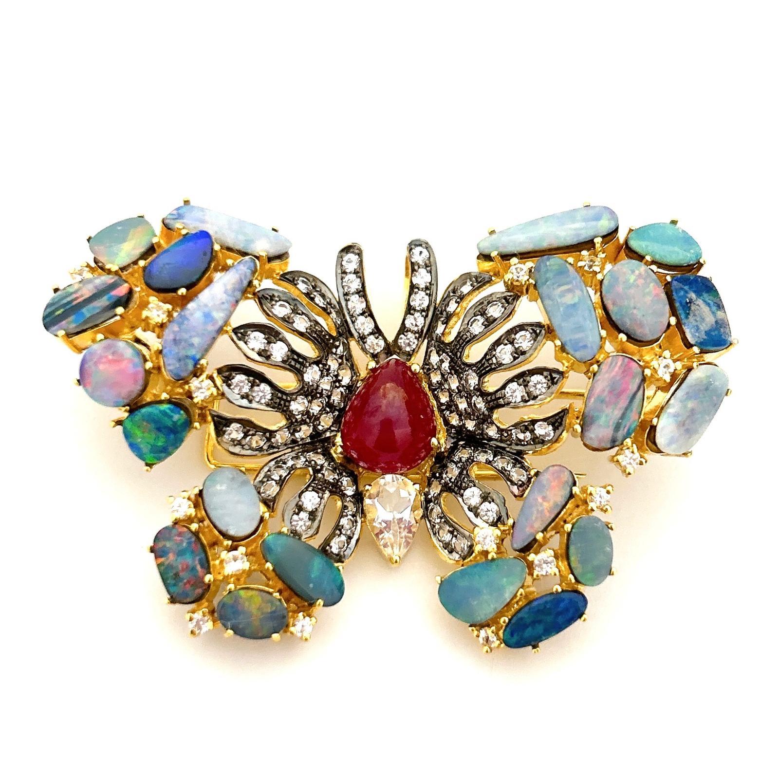 Bochic “Orient” Ruby, Opal & White Topaz Brooch Set In 18K Gold & Silver For Sale 2