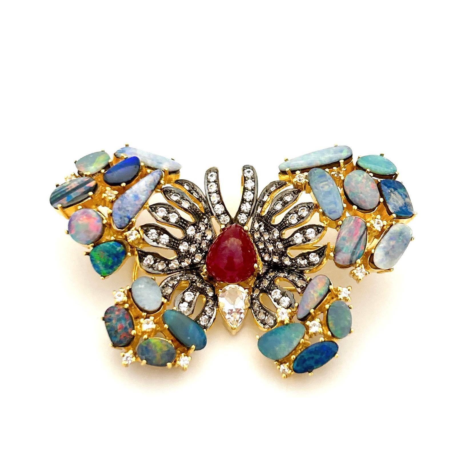 Bochic “Orient” Ruby, Opal & White Topaz Brooch Set In 18K Gold & Silver For Sale 3