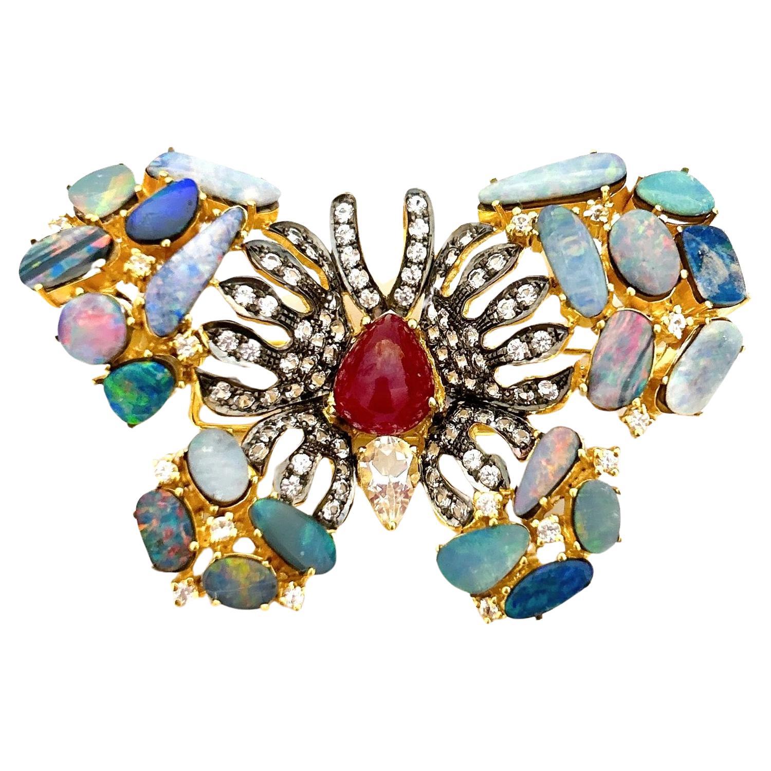 Bochic “Orient” Ruby, Opal & White Topaz Brooch Set In 18K Gold & Silver For Sale