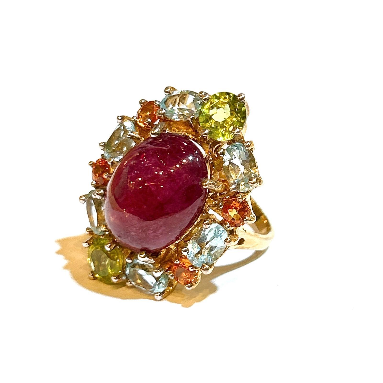 Brilliant Cut Bochic “Orient” Ruby, Orange Sapphire, Perridot Cocktail Ring 18K Gold & Silver For Sale
