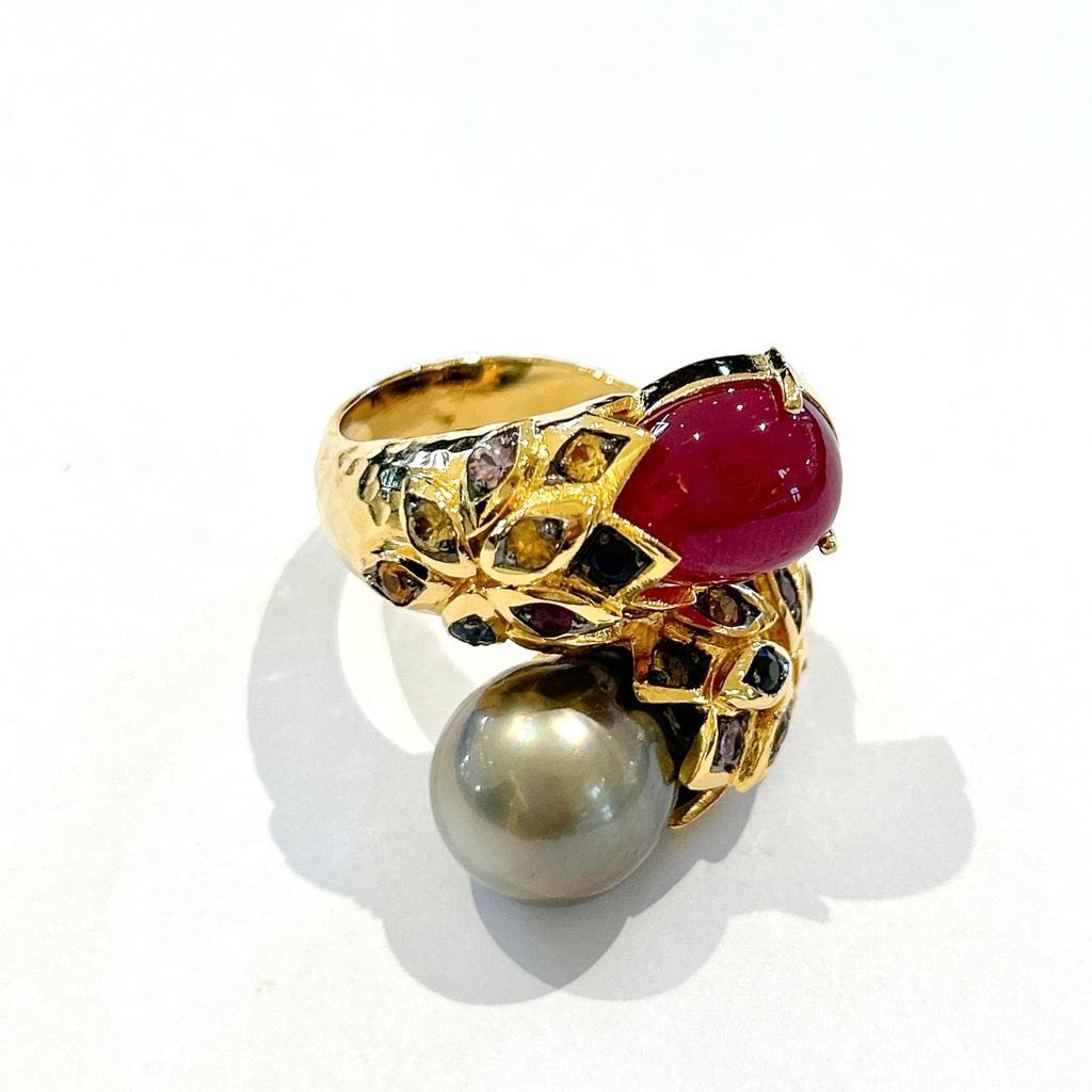 Baroque Bochic “Orient” Ruby, Pearl & Multi Color Sapphires Set In 18 K Gold & Silver  For Sale