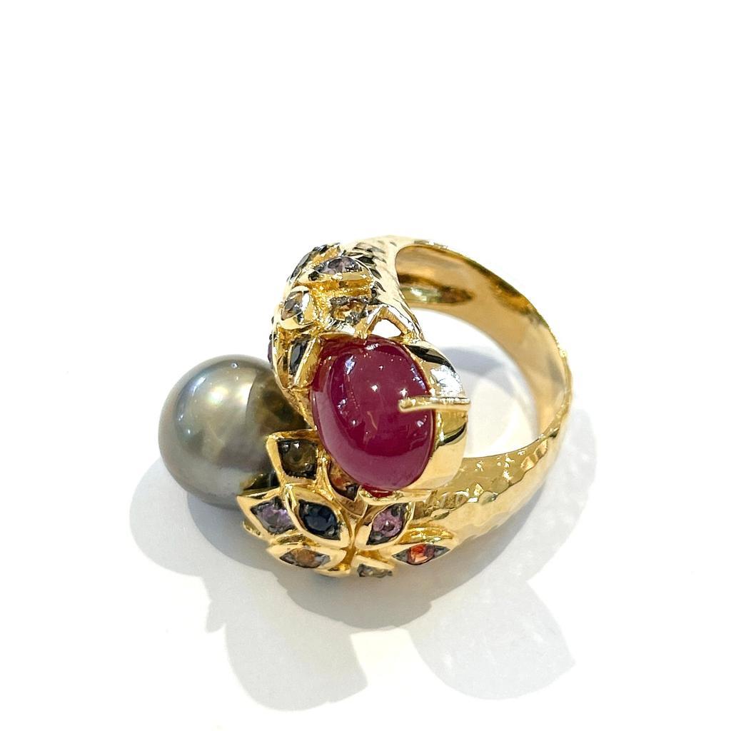 Brilliant Cut Bochic “Orient” Ruby, Pearl & Multi Color Sapphires Set In 18 K Gold & Silver  For Sale