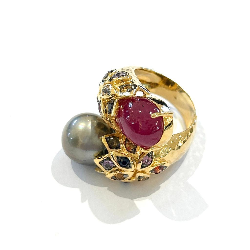 Bochic “Orient” Ruby, Pearl & Multi Color Sapphires Set In 18 K Gold & Silver  In New Condition For Sale In New York, NY