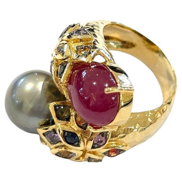 Bochic “Orient” Ruby, Pearl & Multi Color Sapphires Set In 18 K Gold & Silver  For Sale