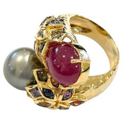 Bochic “Orient” Ruby, Pearl & Multi Color Sapphires Set In 18 K Gold & Silver 