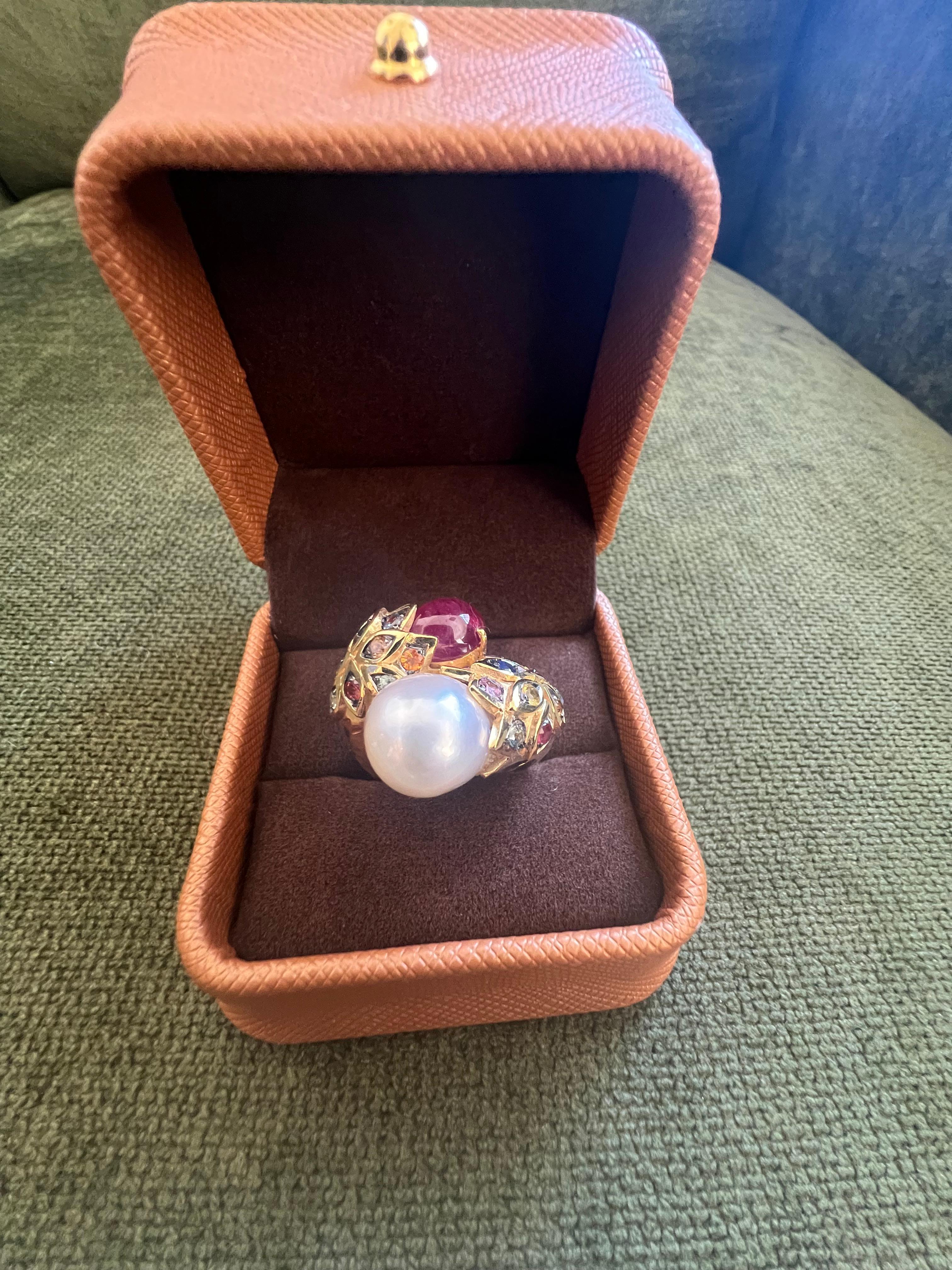 Bochic “Orient” Ruby, Pearl & Multi Sapphire Cocktail Ring Set 18K Gold & Silver For Sale 5