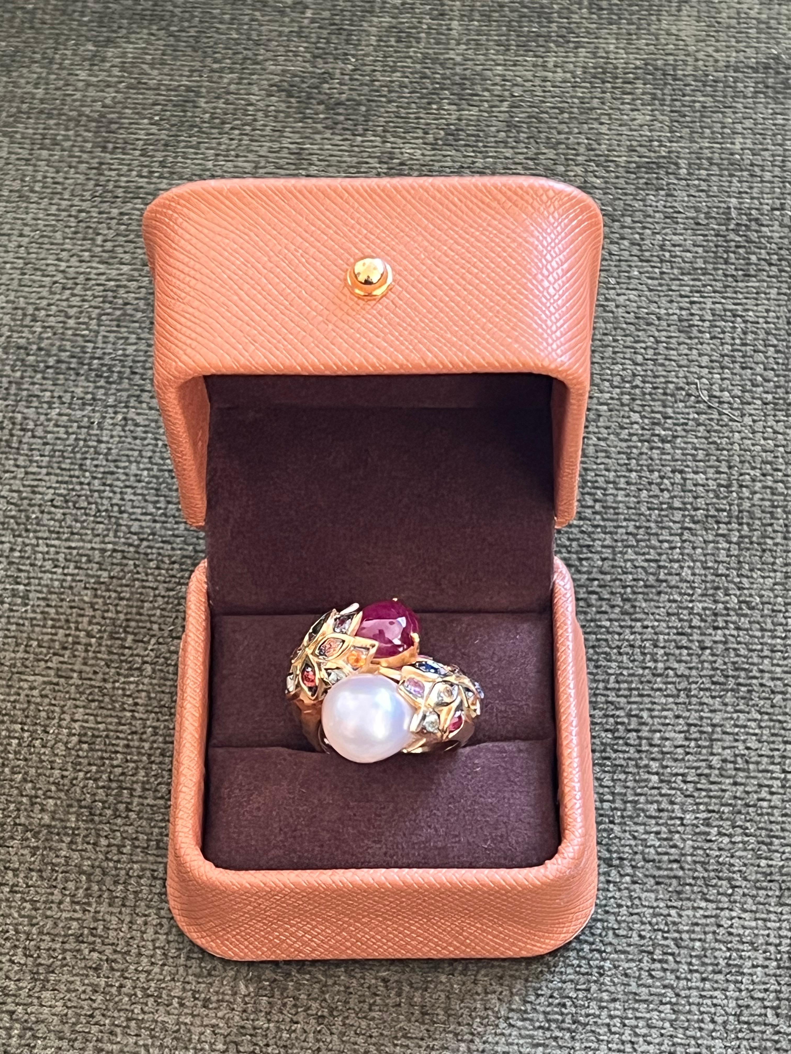 Bochic “Orient” Ruby, Pearl & Multi Sapphire Cocktail Ring Set 18K Gold & Silver For Sale 7