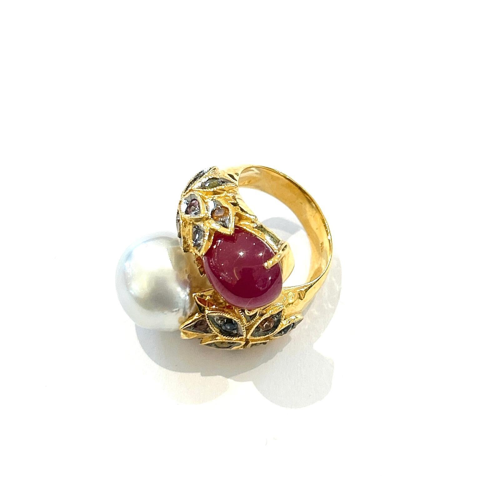 Bochic “Orient” Heart Shape Ruby & Multi Color Fancy Sapphire Cocktail Ring Set In 18K Gold & Silver 

Natural Multi Color Fancy Sapphires Rose Cut
1.50 carats
Colors: Blue, Pink, Yellow, Green and Red
Natural Red Ruby 
4 carats 
South Sea Pearl
