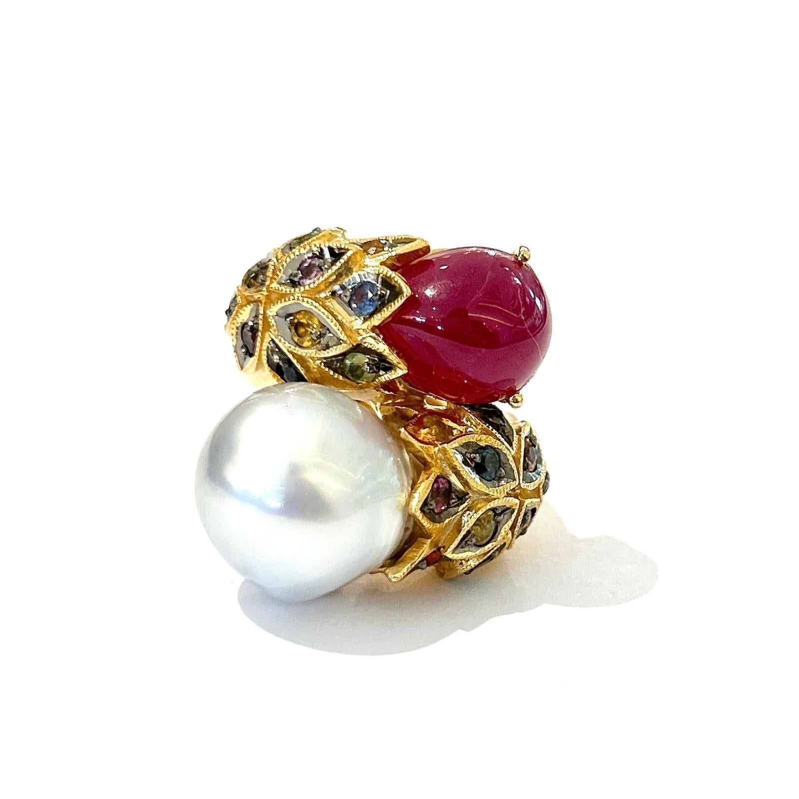 Bochic “Orient” Ruby, Pearl & Multi Sapphire Cocktail Ring Set 18K Gold & Silver In New Condition For Sale In New York, NY