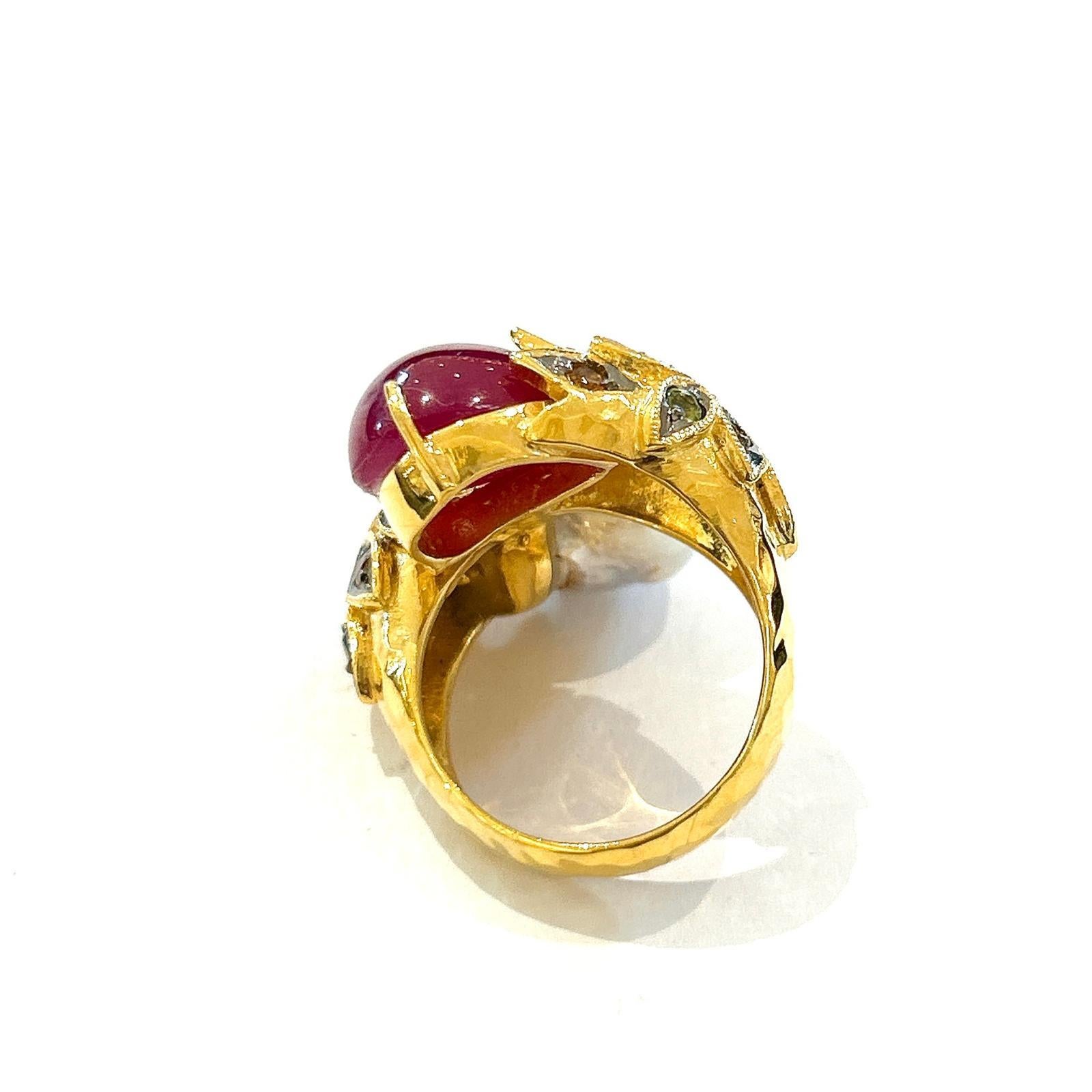 Women's or Men's Bochic “Orient” Ruby, Pearl & Multi Sapphire Cocktail Ring Set 18K Gold & Silver For Sale