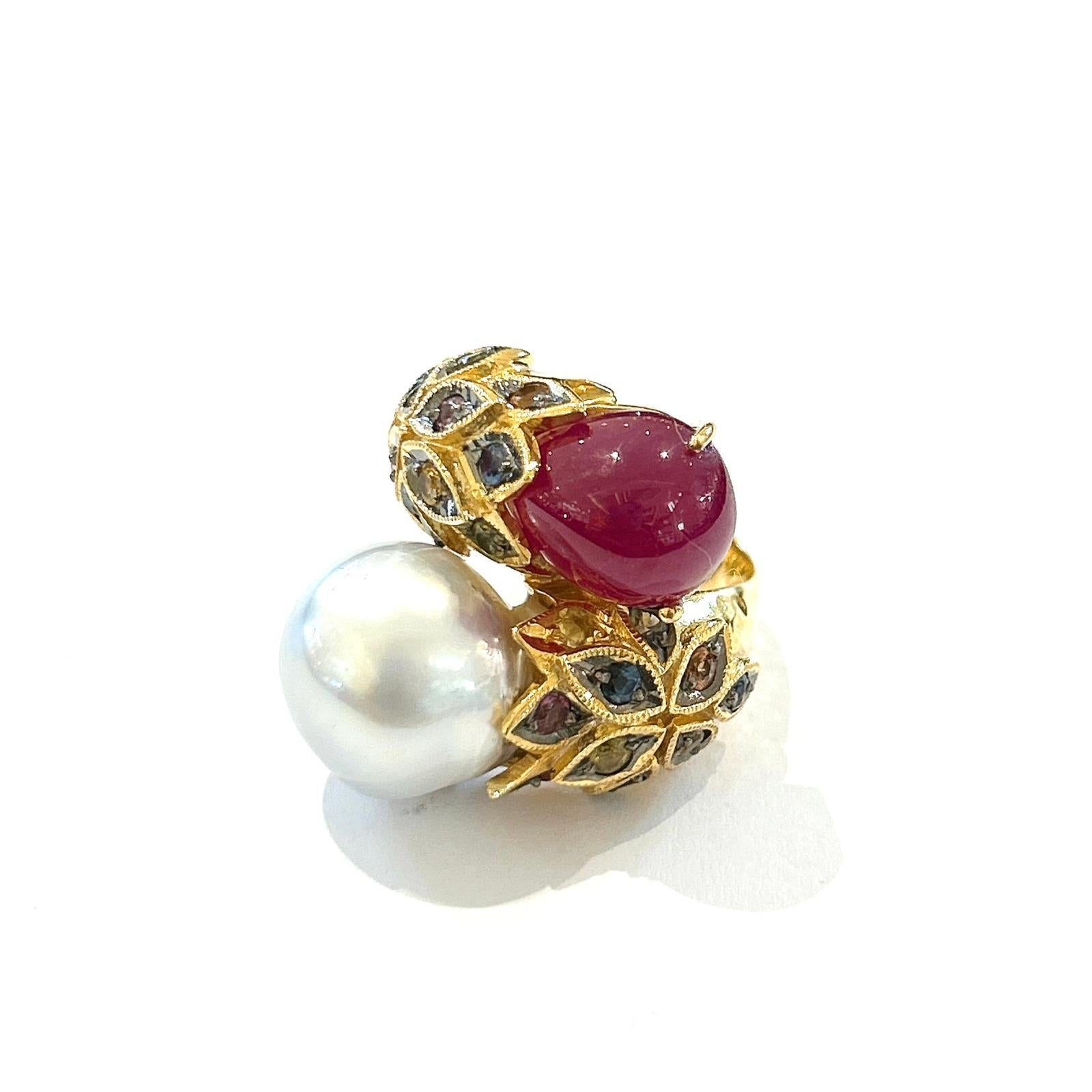 Bochic “Orient” Ruby, Pearl & Multi Sapphire Cocktail Ring Set 18K Gold & Silver For Sale 1