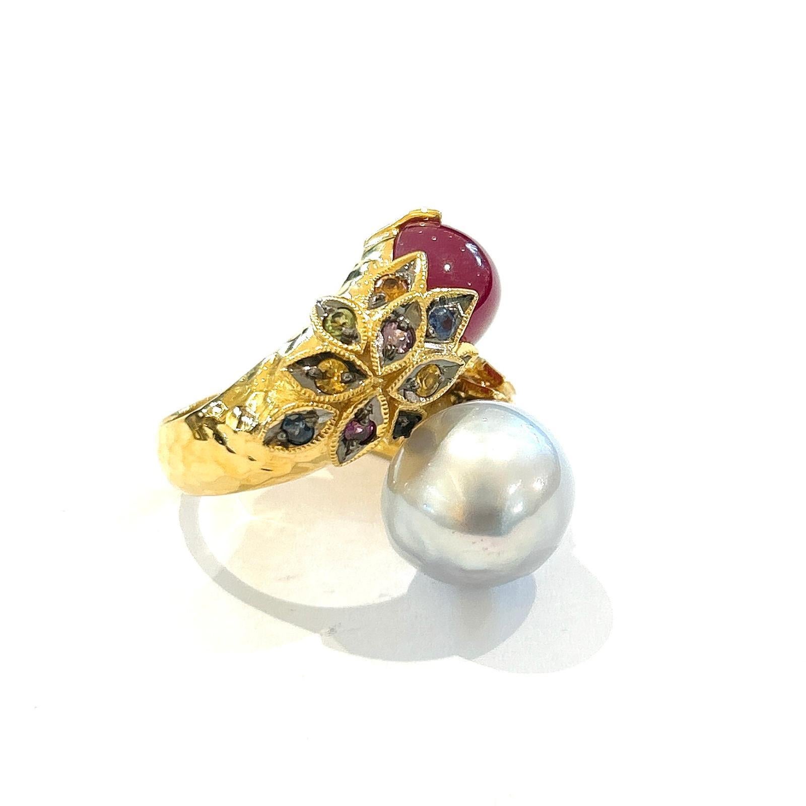 Bochic “Orient” Ruby, Pearl & Multi Sapphire Cocktail Ring Set 18K Gold & Silver For Sale 3