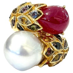 Bochic “Orient” Ruby, Pearl & Multi Sapphire Cocktail Ring Set 18K Gold & Silver