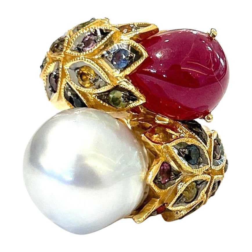 Bochic “Orient” Ruby, Pearl & Multi Sapphire Cocktail Ring Set 18K Gold & Silver