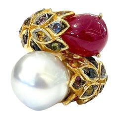 Bochic Orient Rubin, Perle & Multi Saphir Cocktail-Ring Set 18K Gold & Silber