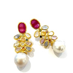 Bochic “Orient” Ruby, Pearl & Multi Sapphires Earrings Set 18K Gold & Silver