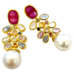 Bochic “Orient” Ruby, Pearl 
Multi Sapphires Earrings Set 18K Gold 
Silver