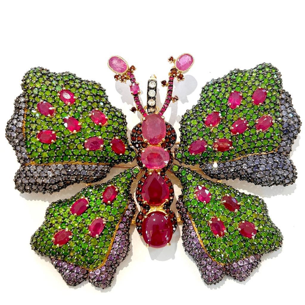 Bochic “Orient” Ruby & Pink Sapphire, Multi Gem Brooch Set In 18K Gold & Silver  In New Condition For Sale In New York, NY
