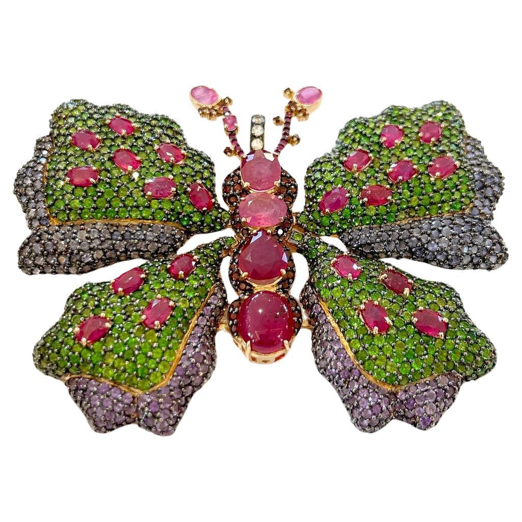 Bochic “Orient” Ruby & Pink Sapphire, Multi Gem Brooch Set In 18K Gold & Silver  For Sale