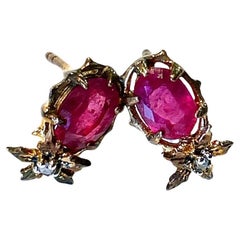 Juego de pendientes Bochic "Oriente" de rubí y diamantes talla rosa Oro y plata de 18 quilates