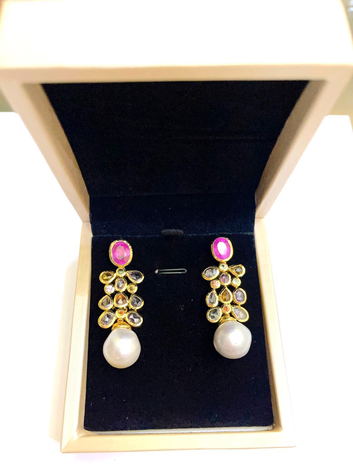 Baroque Bochic “Orient’ Ruby & Rose Cut Sapphires, Pearls Earrings Set In 18 K Gold & Si For Sale
