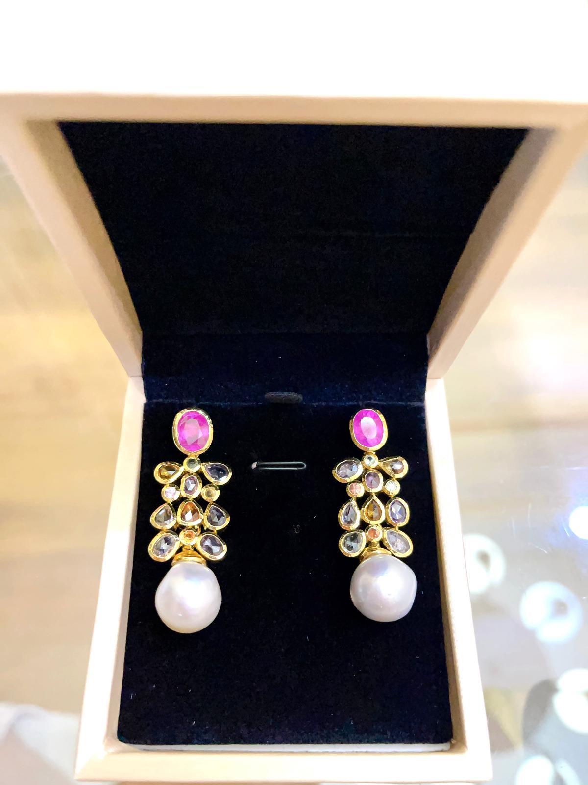 Bochic “Orient’ Ruby & Rose Cut Sapphires, Pearls Earrings Set In 18 K Gold & Si In New Condition For Sale In New York, NY