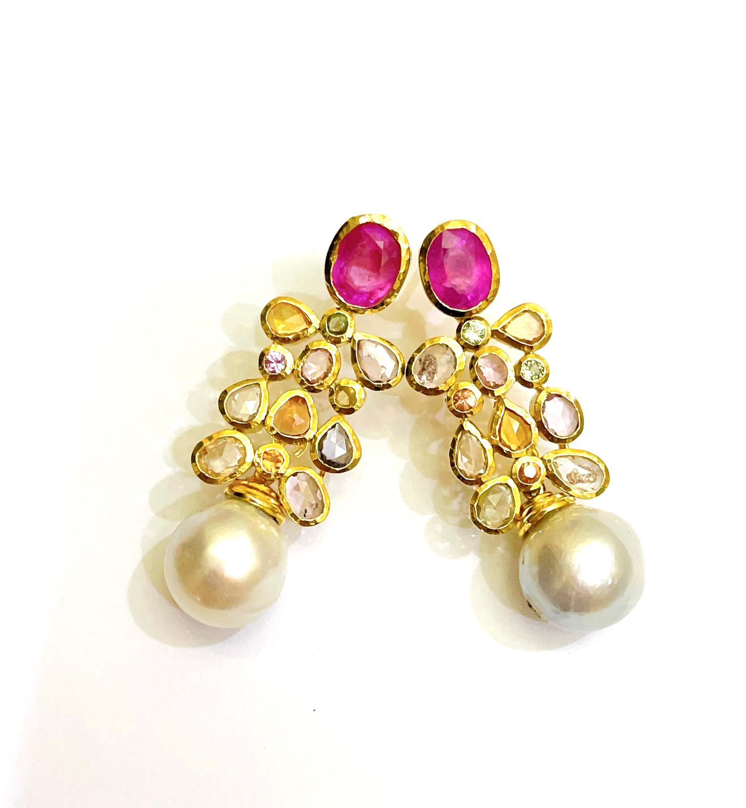 Women's Bochic “Orient’ Ruby & Rose Cut Sapphires, Pearls Earrings Set In 18 K Gold & Si For Sale