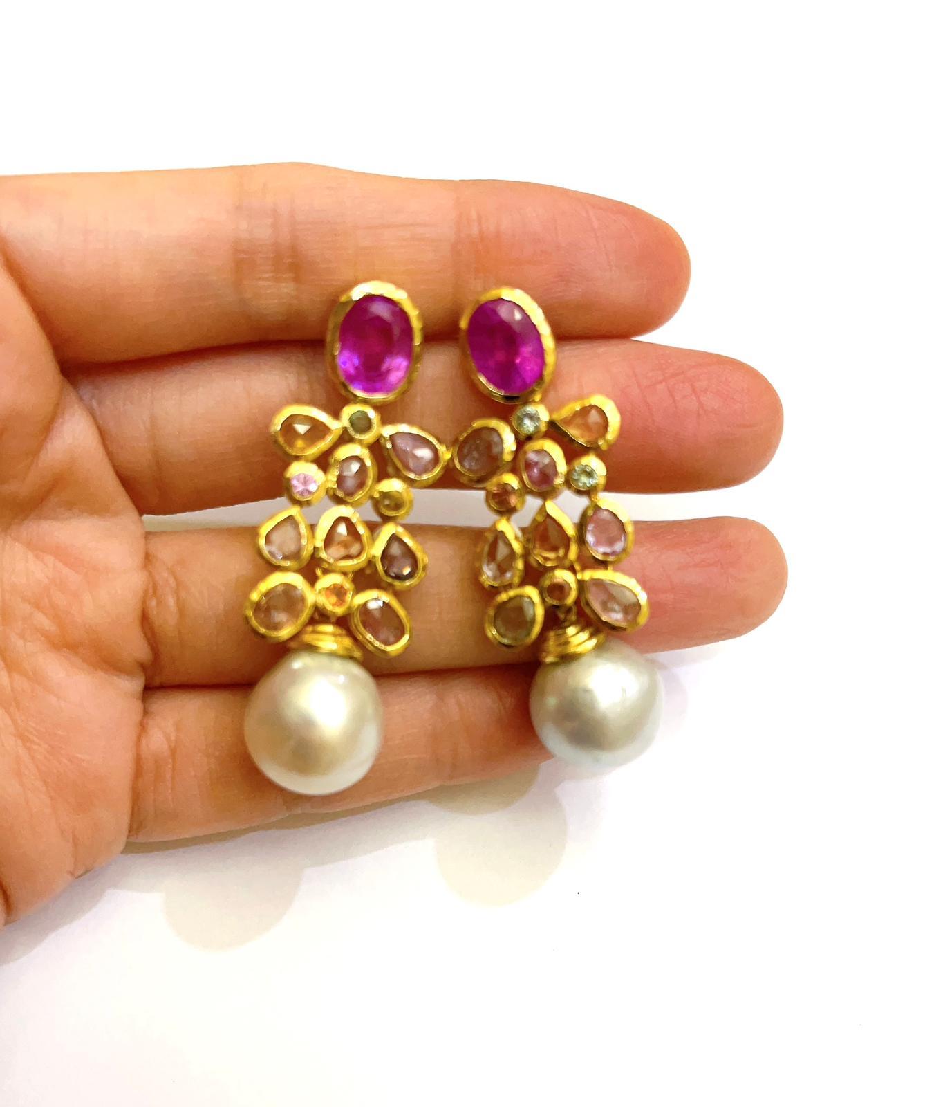 Bochic “Orient’ Ruby & Rose Cut Sapphires, Pearls Earrings Set In 18 K Gold & Si For Sale 1