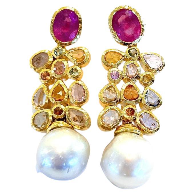 Bochic “Orient’ Ruby & Rose Cut Sapphires, Pearls Earrings Set In 18 K Gold & Si For Sale