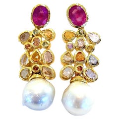 Bochic “Orient’ Ruby & Rose Cut Sapphires, Pearls Earrings Set In 18 K Gold & Si